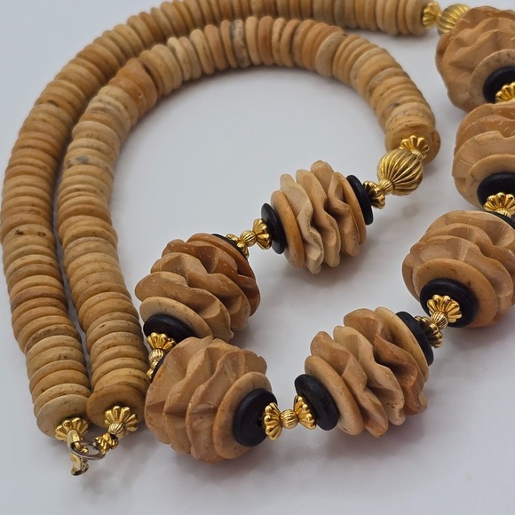 Chunky‎ Statement Necklace Wood Disc Beaded Gold Tone Boho Tribal Natural Brown - Picture 1 of 8